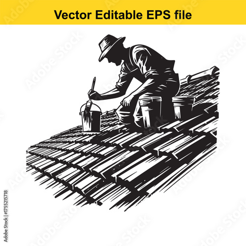 Vector art of silhouette of a roofer wearing a hat, working on a roof with a brush and paint bucket