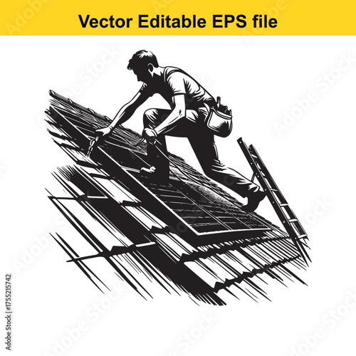 Vector art of silhouette of a roofer installing solar panels on a roof with tools