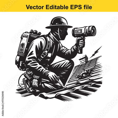Vector art of roofer wearing a hard hat and protective gear, holding a tool on a rooftop, black and white illustration