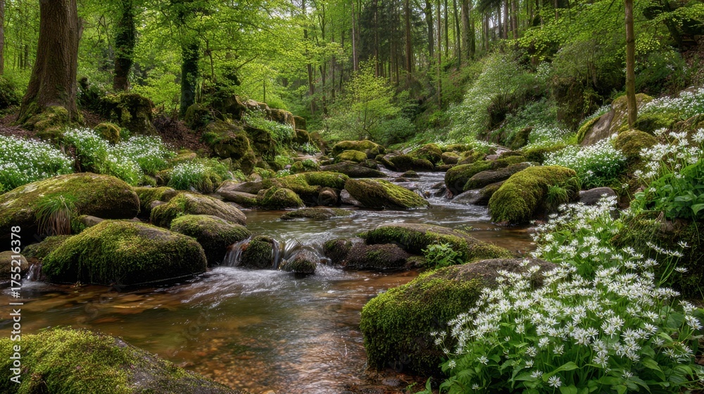 Obraz premium A gentle stream meanders through a vibrant forest surrounded by lush greenery and blooming flowers.