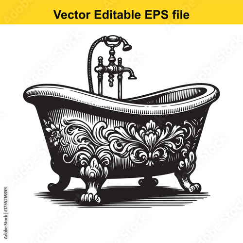 Vector art of vintage ornate bathtub with faucet