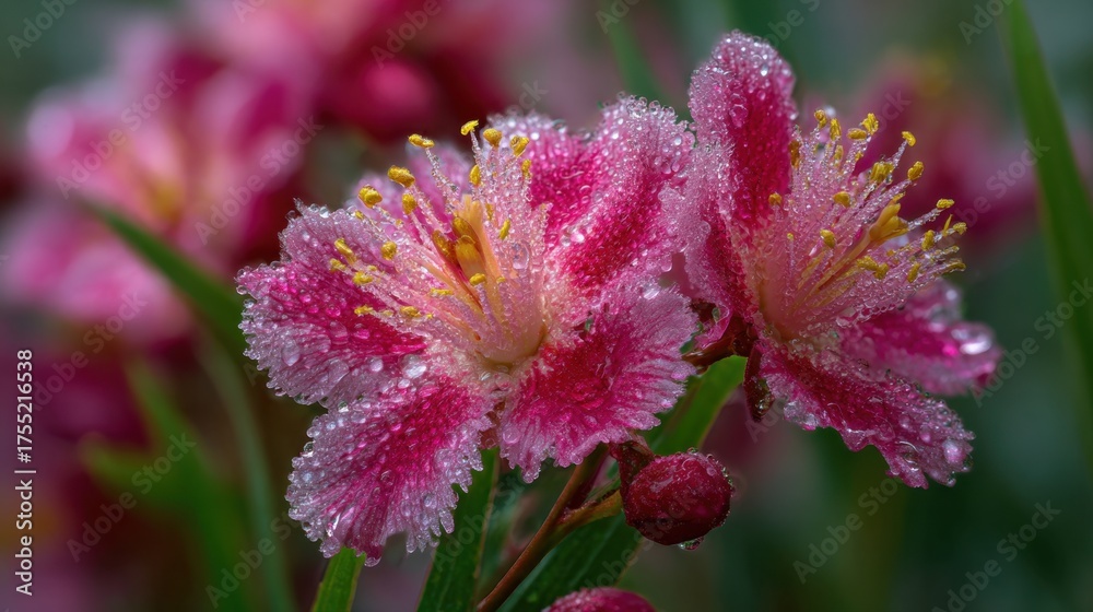 Obraz premium Morning dew beads on stunning pink flowers bringing beauty to a lush garden scene at dawn.