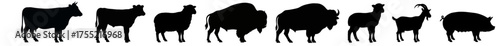 Silhouettes of various farm animals including cows, sheep, bison, goats, and pigs.