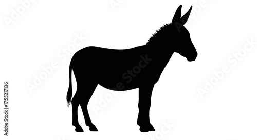 Silhouette of a donkey standing against a white background, side view.