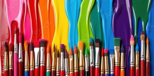 Vibrant multicolored paintbrushes arranged artfully, showcasing a spectrum of colors ready for creative expression, design, supplies, colors