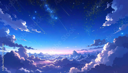 アニメ風の星が輝く夜空。星屑。流れ星。A starry night sky in an anime style. Stardust. Shooting stars.