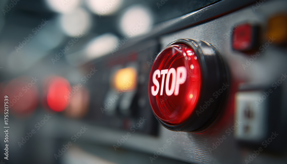 Obraz premium Close up of red stop button on industrial machine, highlighting its importance and functionality