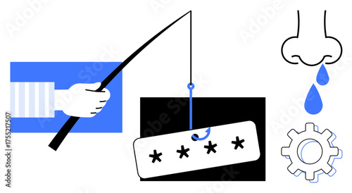 Fishing rod hooks password panel, nose drips water, gear represents concepts thumbs up phishing, digital security breach, social engineering. Ideal for cybersecurity, hacking, online fraud, risk