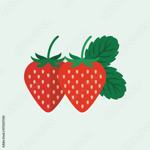 Two red strawberries with green leaves on a light green background strawberry fruit