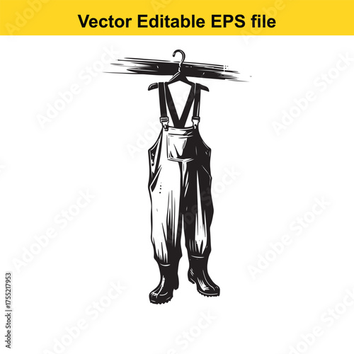 Vector art of black and white illustration of overalls and boots hanging on a hanger