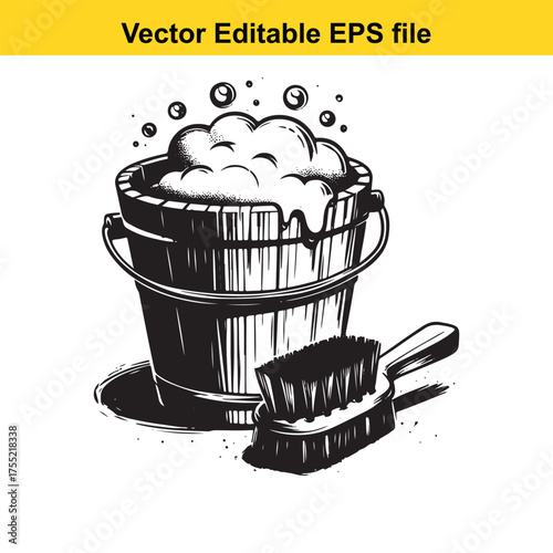 Vector art of bucket full of soap suds and a brush