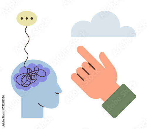 Profile head with tangled brain, speech bubble linked to orderly ideas pointing hand, cloud. Ideal for mental health, problem-solving, clarity, communication, mindfulness growth innovation. Simple