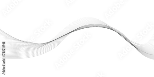 Abstract black smooth wave on a white background. Dynamic sound wave. Design element. Vector illustration. Undulate Grey Wave Swirl, frequency sound wave, twisted curve lines with blend effect.	