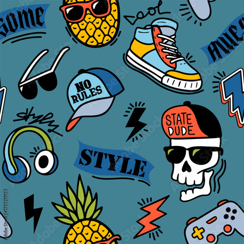 Seamless pattern with varsity-style patches on dark blue background.