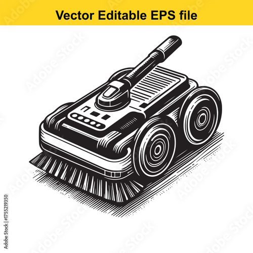 Illustration of a robotic vacuum cleaner with a brush and wheels