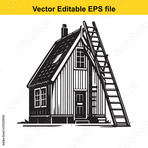 Vector art of black and white illustration of a small aframe house with a ladder leaning against the roof, , vector editable eps file