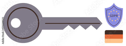 Large gray key next to GDPR protection shield and German flag symbolizing data privacy, cyber security, and regulation adherence. Ideal for compliance, legal, privacy, encryption, access, governance