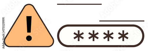 Warning triangle with exclamation mark next to a hidden password input field. Ideal for cybersecurity, data protection, online privacy, authentication, digital safety, web design, simple flat