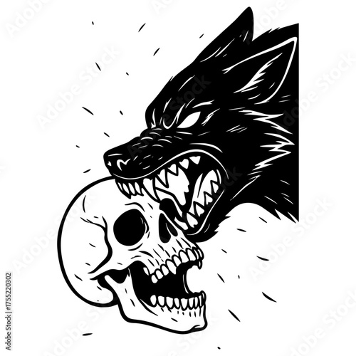 Black and white vector illustration of a wolf biting a human skull, dark gothic clipart for cutting and design.