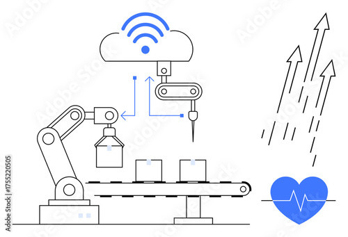 Robotic arm processing objects with cloud integration, arrows showing growth, and a heartbeat symbol. Ideal for technology, industry 4.0, innovation, IoT efficiency growth and automation. Simple