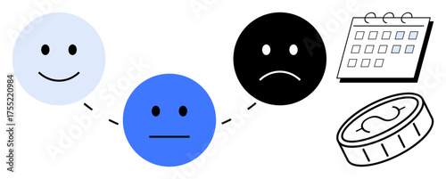 Three emotive faces show mood progression from happy to sad linked by dots, alongside a calendar and coin. Ideal for mental health, wellness, time, finance, decision-making, tracking, and balance