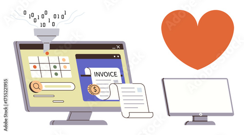 Desktop screen showing data funnel, calendar, invoice, and analytics. Nearby a blank monitor and heart icon. Ideal for business, technology, efficiency, automation big data love for tech simple