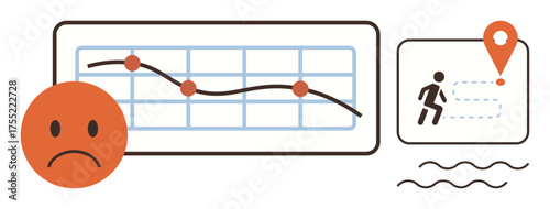 Downward trend line chart with sad face, running path with location pin, and wavy lines. Ideal for performance, failure, goal tracking, fitness, motivation analytics and business. Minimal flat