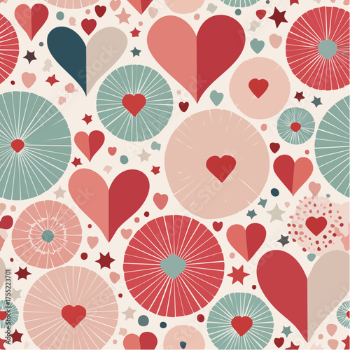 Heart Burst Pattern — retro vector design with layered hearts, radiant circles, and scattered star motifs