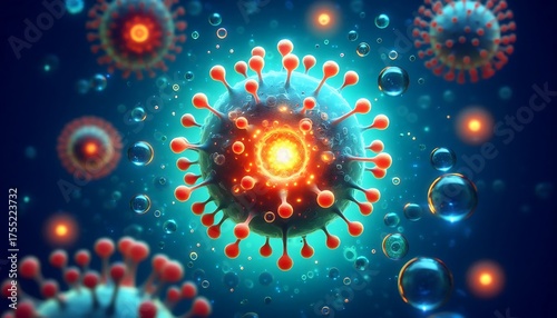 3D Cartoon Virus Close-Up with Glowing Core and Blue Background and copy space for text
