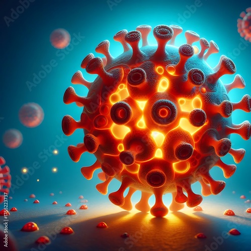 3D Cartoon Virus Close-Up with Glowing Core and Blue Background and copy space for text
