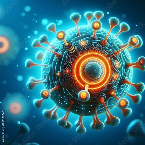 3D Cartoon Virus Close-Up with Glowing Core and Blue Background and copy space for text
