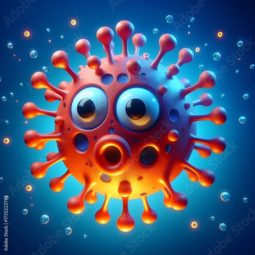 3D Cartoon Virus Close-Up with Glowing Core and Blue Background and copy space for text
