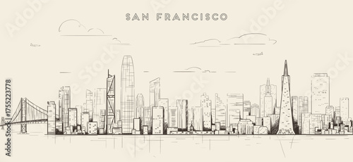 San Francisco skyline. Artistic sketchy hand drawn vector illustration on a soft brown background