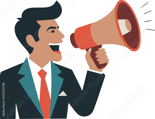 Man in suit with megaphone announcing important news flat design icon leadership communication vector