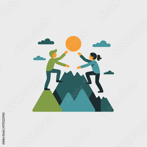 Teamwork reaching summit together concept flat design people climbing mountain goal achievement vector