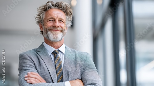 Confident Mature Man in Business Attire Smiling in Modern Office