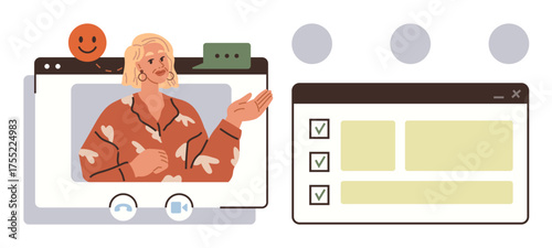 Woman speaking during a video call with chat message, happy face, and checklist UI elements. Ideal for remote work, online education, team collaboration, communication tools, productivity, webinars
