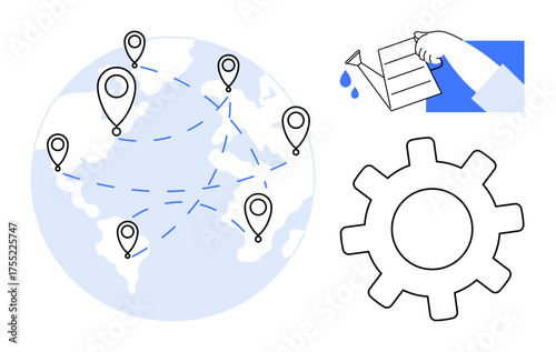 Globe with location markers and connection lines, hand with watering can symbolizing growth, large gear representing efficiency. Ideal for teamwork, expansion, logistics, technology, productivity