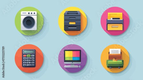 Vector Illustration of Office Equipment Collection with Colorful Flat Icons in Modern Style