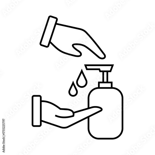 Clean outline illustration of hands applying sanitizer with liquid drops, representing hygiene, cleanliness, and healthcare in minimalist black line style.