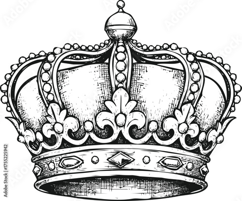 Ornate vintage crown illustration on black background, vector engraving art