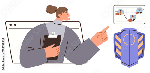 Woman holding clipboard pointing at network connections diagram, shield symbol representing data security. Ideal for technology, cybersecurity, digital management, analysis, teamwork, data