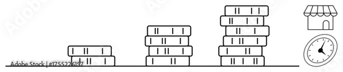 Increasing stacks of coins symbolize financial growth and success. Includes storefront and clock for themes of retail, time management, investment, and business planning. Ideal for finance