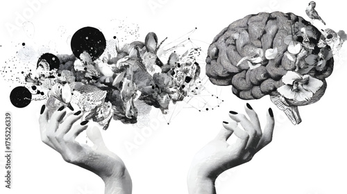 A surreal collage featuring two hands reaching towards a stylized brain, surrounded by abstract geometric shapes and patterns in black and white