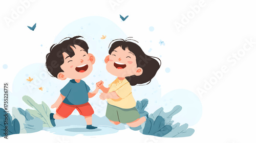 Two cheerful children, a boy and a girl, walking hand in hand through a lush green landscape, smiling and enjoying their time together