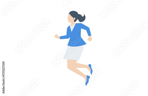 走る水色のスーツ姿の女性