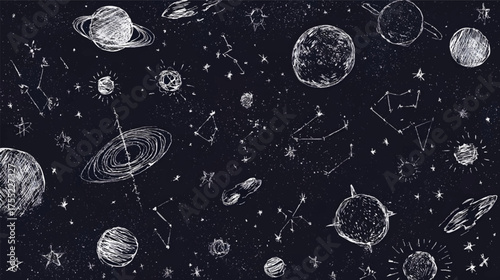 A colorful illustration of planets, stars, and constellations on a dark background, featuring various celestial bodies in vibrant hues