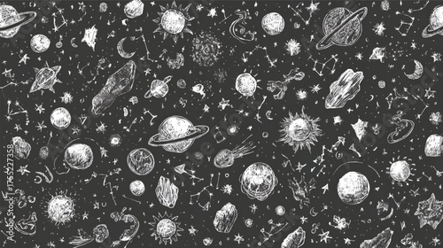 A colorful illustration of planets, stars, and constellations on a dark background, featuring various celestial bodies in vibrant hues