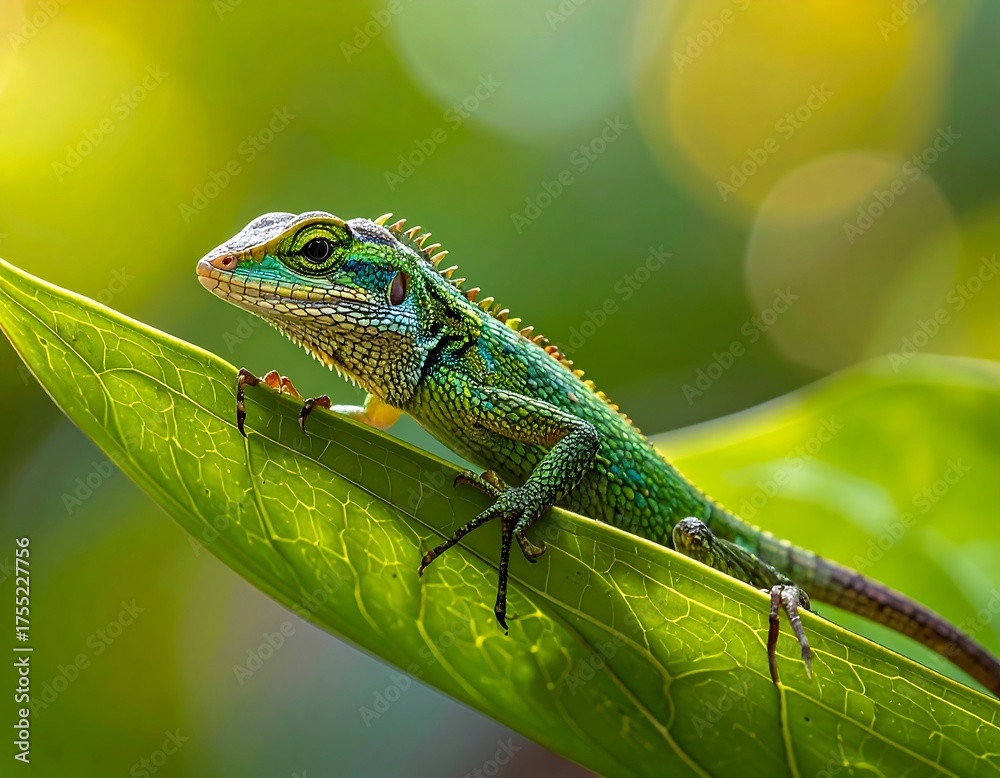 Fototapeta premium Vibrant Green Lizard Perched on Leaf in Lush Tropical Setting.