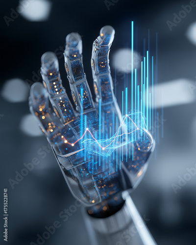 Futuristic robot hand interact glowing touchscreen project 3D holographic graph chart.